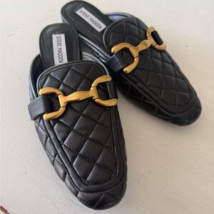 Steve Madden Fortunate Black Quilted Mules with Gold Bit Accent